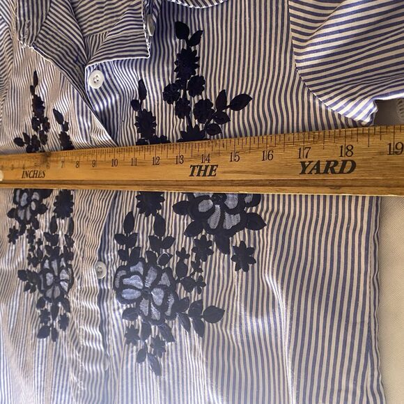 Embroidered Button Down Tunic Shirt Stripe Floral 3/4 Sleeve Womens M Blue White - Picture 7 of 8